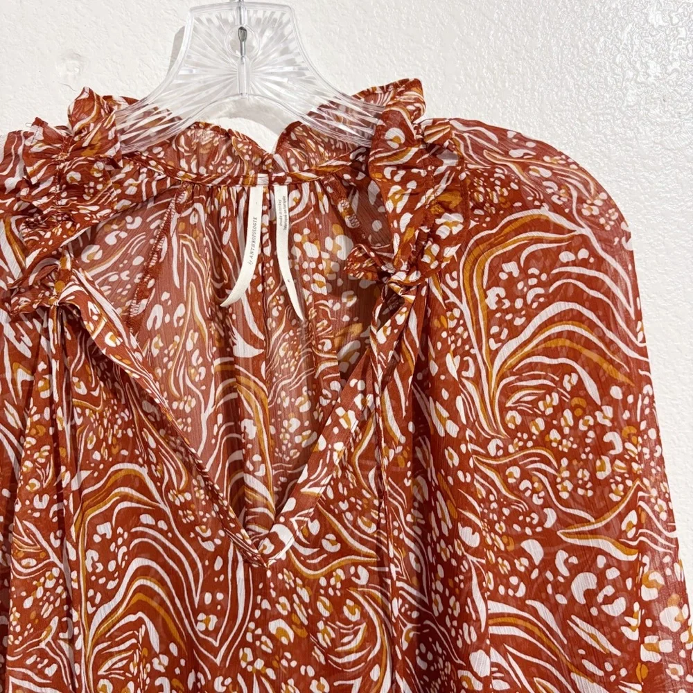 Anthropologie Sheer Printed Peasant Blouse in Orange &‎ White Abstract Print